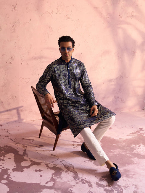 SHRESTHA BY VASTRAMAY Men's Navy Blue Georgette Embellished Kurta Pant Set